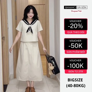Set nữ BIGSIZE Banamo Sài Gòn áo nữ cổ thủy thủ cộc tay kèm khăn mix chân váy dáng dài siêu xinh 187