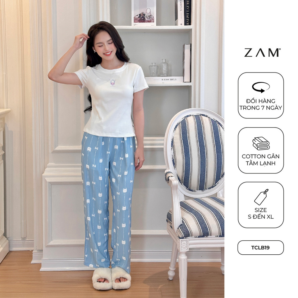 BỘ MẶC NHÀ MẸ & BÉ SHE BY ZAM - TCLB19 - BỘ NGẮN TAY QUẦN DÀI COTTON & TẰM LẠNH MÈO NƠ XANH