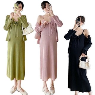 Sét suông sét bầu MAMADRESS Váy bầu THU ĐÔNG sét gồm VÁY HAI DÂY KÈM ÁO chất TĂM THÁI mềm mại co giãn nhẹ tiểu thư S34