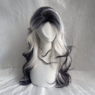 Cô gái mát mẻ Màu đen và trắng thay đổi màu tóc giả nhuộm Tranh Paris nữ mô phỏng bộ mũ trùm đầu Tóc Dài Xoăn dài hình chữ nhật