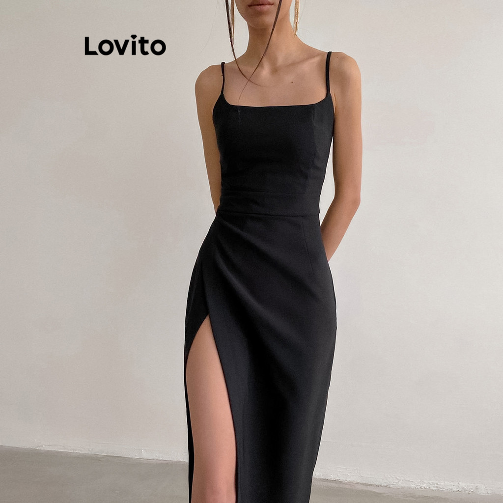 Đầm Lovito xẻ đùi màu trơn phong cách thanh lịch cho nữ LNL41063
