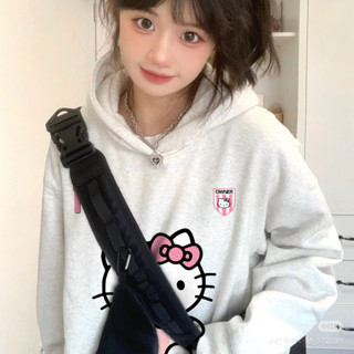 Salute Áo hoodie nữ xám tiêu form rộng hàn quốc local brand áo nỉ dài tay mùa thu đông áo khoác Hello Kitty y2k