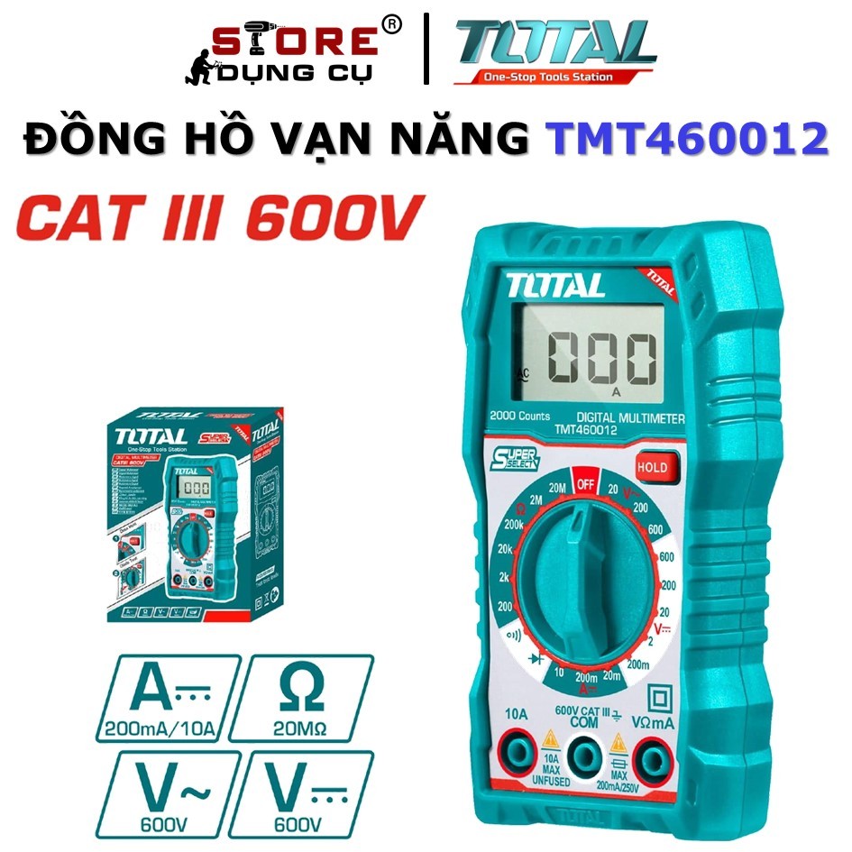 Đồng hồ đo điện vạn năng TOTAL TMT460012, đồng hồ vạn năng kỹ thuật số có tính ứng dụng cao, màn hìn