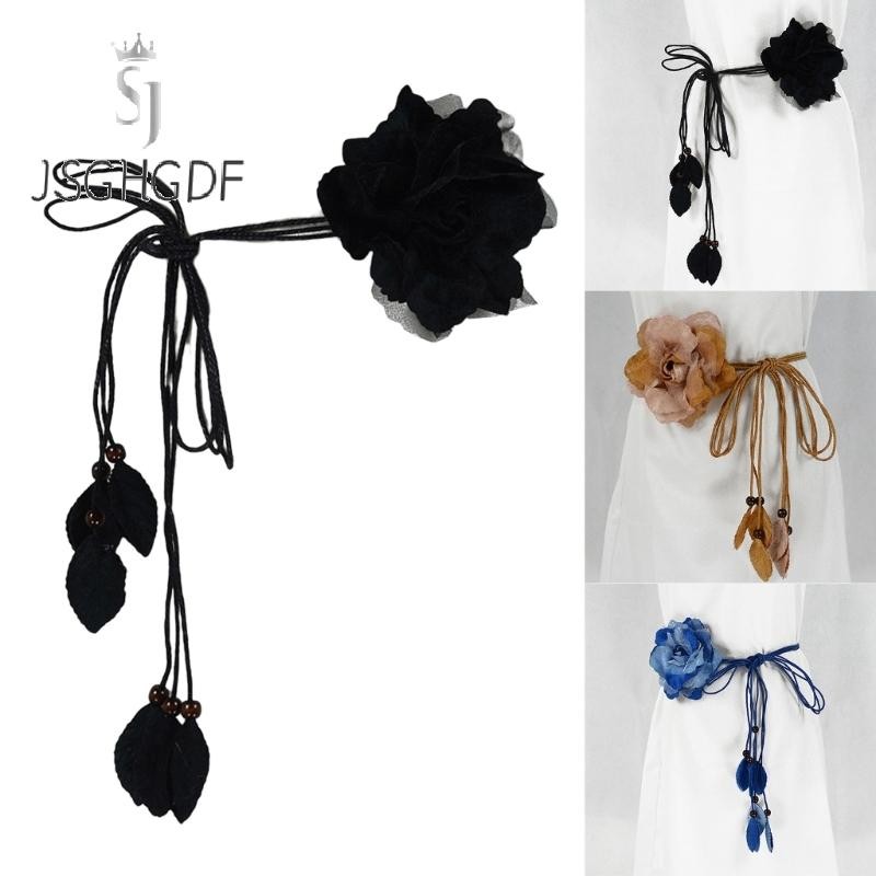 Self-Tie Waist Belt for Women Bohemian Seaside Braided Dress Belt with Flower