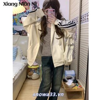 Xiang Nian Ni Mỹ Vintage Sọc Áo Cardigan Nữ Lót Lông Cừu Dày Có Mũ Trùm Đầu Rời Và Lười Phong Cách Dây Kéo Top