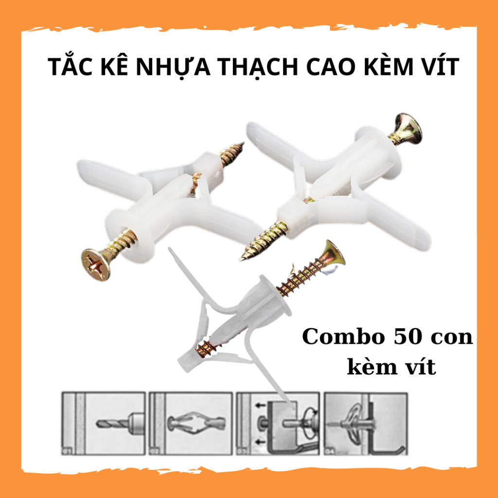 Tắc Kê Nhựa, Tắc Kê Bướm, Nở Cánh Bướm,Vít Nở Nhựa Lắp Trần Thạch Cao, Bịch 50 Tắc Kê Kèm Vít-NAZA8