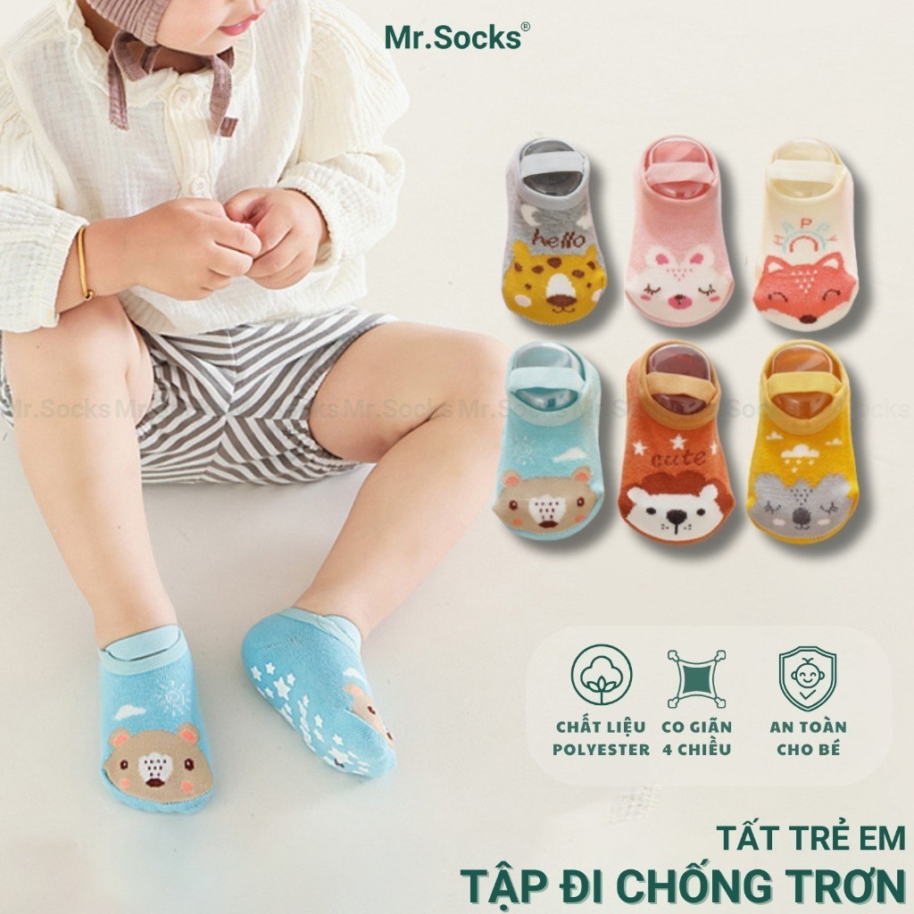 Tất chống trơn trượt Mr.Socks mẫu hình thú, vớ trẻ em có đệm silicon giảm ma sát chống ngã khi bé tập đi - YIQ-C021-1DOI