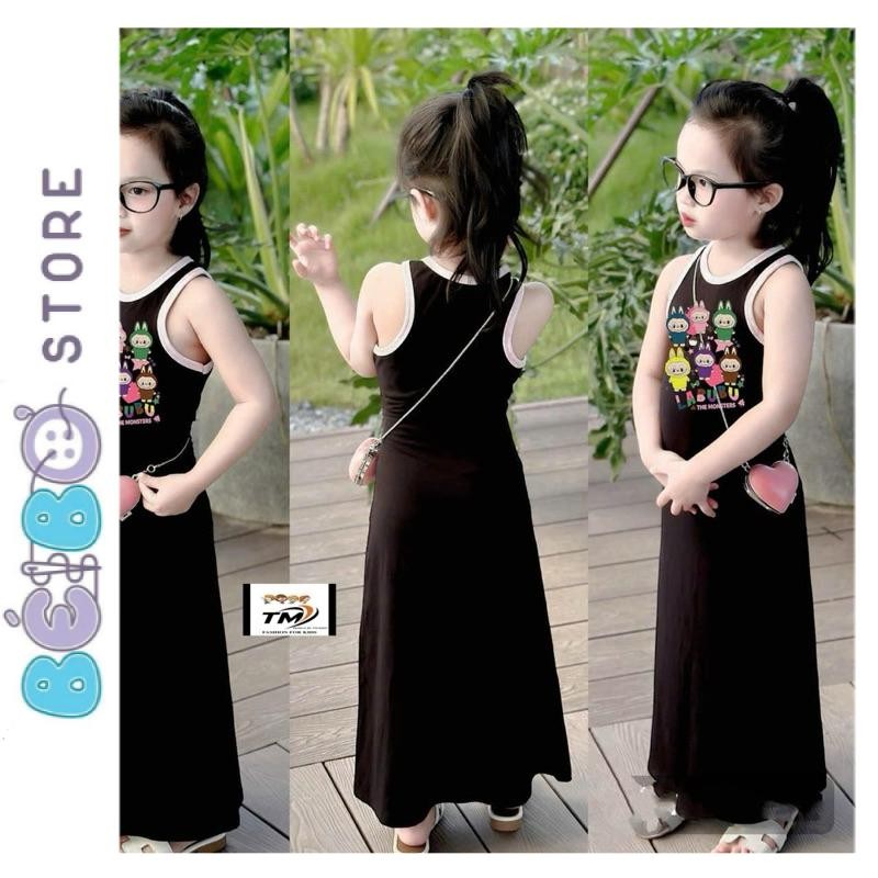 Đầm maxi bé gái ba lỗ thun tăm in hình labubu siêu đáng yêu cho bé diện đi học , đi chơi