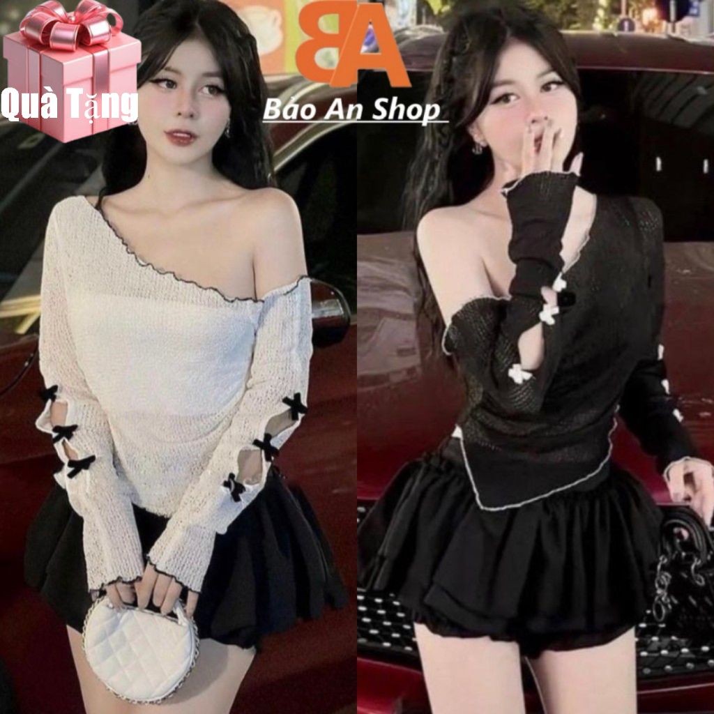 SB-64 Sét bộ nữ áo lưới nơ bẹt vai trái phải (tặng áo ống lót) và chân váy lưng thun 2 tầng có quần Free Size 54kg