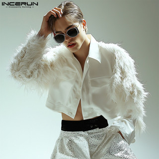 Incerun Nam Thời Trang Vintage Áo Sơ Mi Dài Tay Nối Lông Vũ