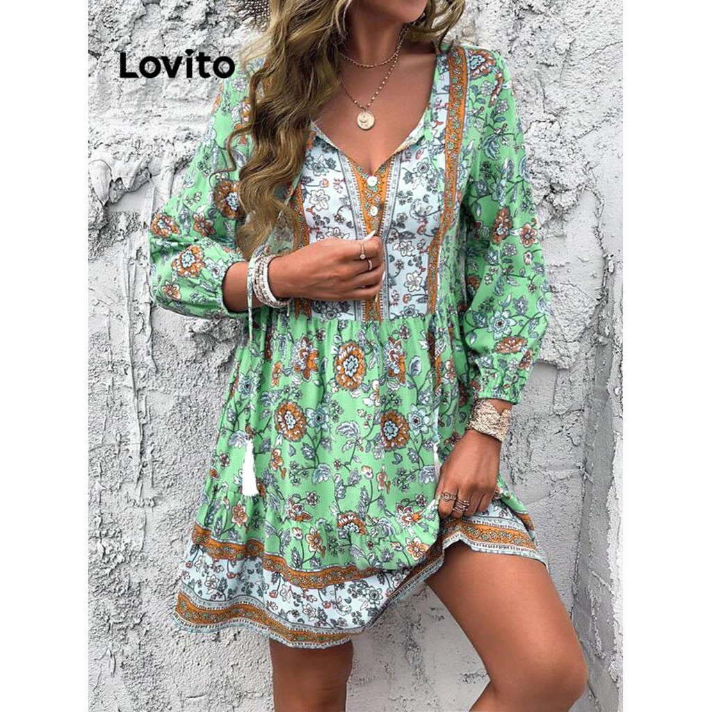 Đầm Lovito tua rua họa tiết hoa phong cách Boho cho nữ LNL57136