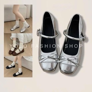Giày Mary Jane nữ,Màu Bạc ba lê mũi tròn đính nơ kiểu Pháp phù hợp với đế bằng miệng nhẹ mùa hè mới B51