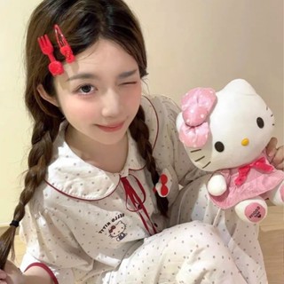 Đồ ngủ hàn quốc nữ bigsize xinh set quần hello kitty dài thu đông 2024 đồ bộ tay dài mặc nhà với cổ lật nơ đỏ