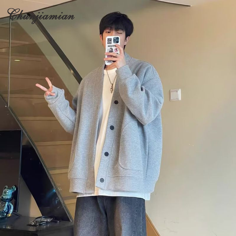 Chunjiamian Áo khoác nam Waffle Áo cardigan dáng rộng cổ chữ V kiểu Mỹ