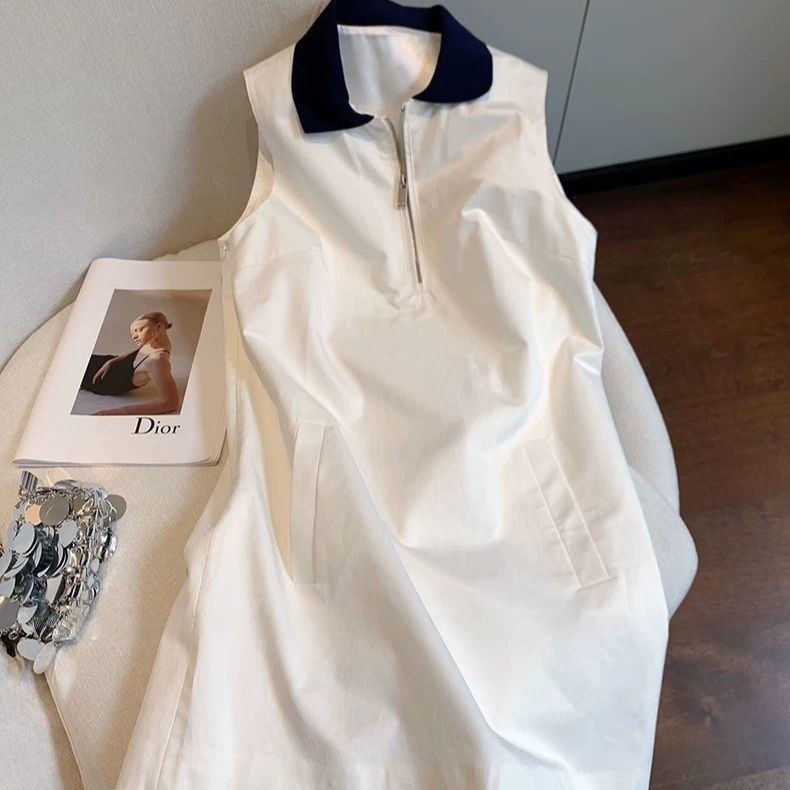 Đầm cũ F&X màu trắng cổ áo polo không tay, phong cách ngọt ngào mới mẻ năm 2025