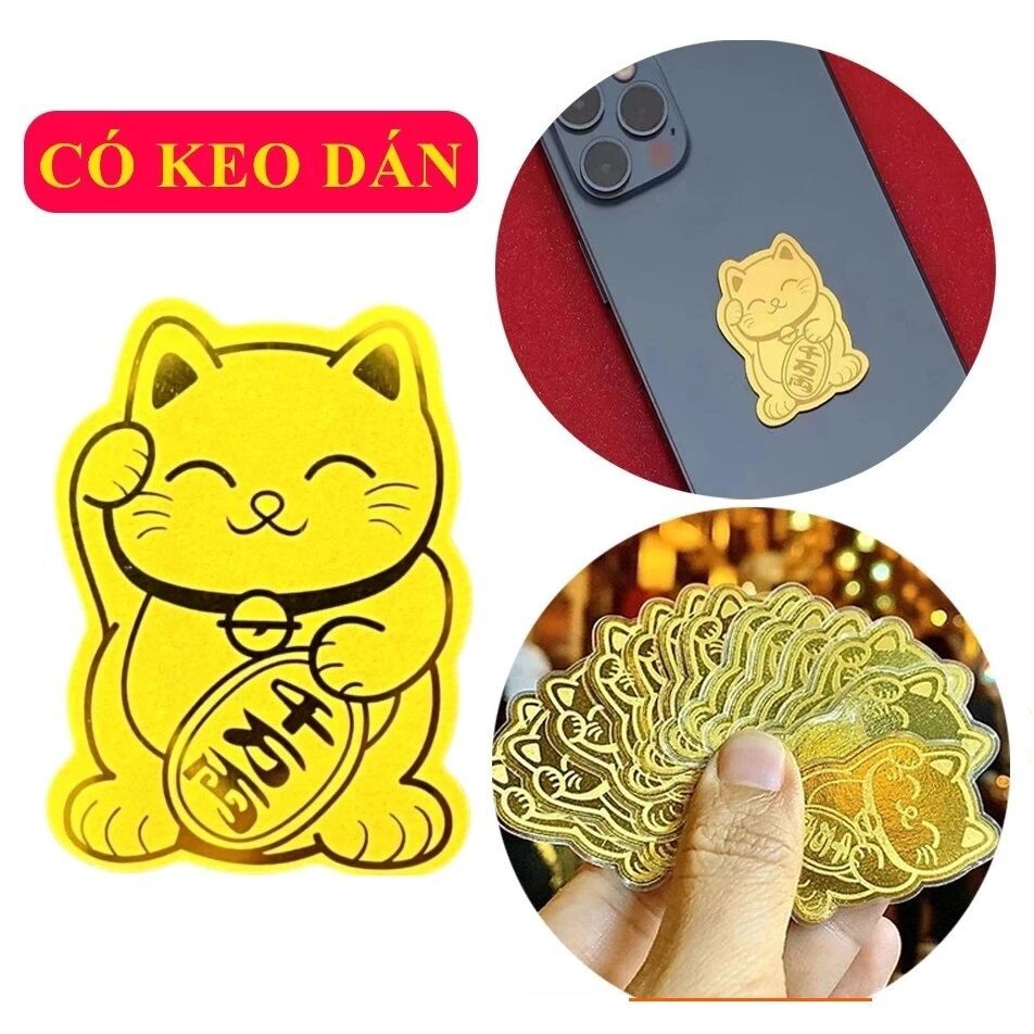 Mèo thần tài mạ vàng 24k,Linh phù Mèo Thần Tài chiêu tài hút lộc gia tăng may mắn tài lộc cho chủ nhân  dán được