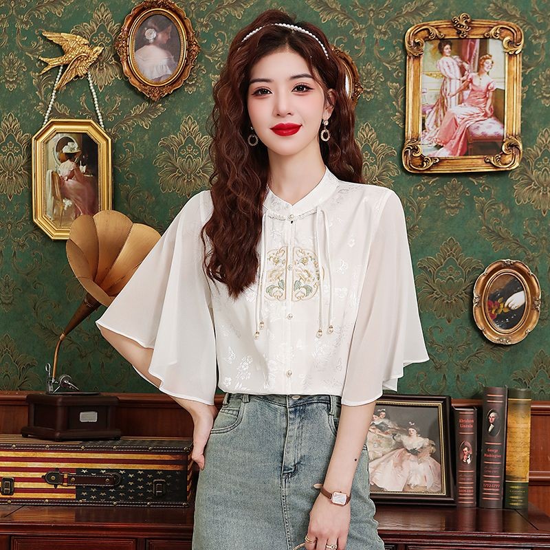 Áo Sơ Mi Cách Tân Thêu Cổ Đứng Phong Cách Trung Quốc Áo Sơ Mi Kiểu Mới Mùa Hè Kiểu Trung Quốc Áo Sơ 