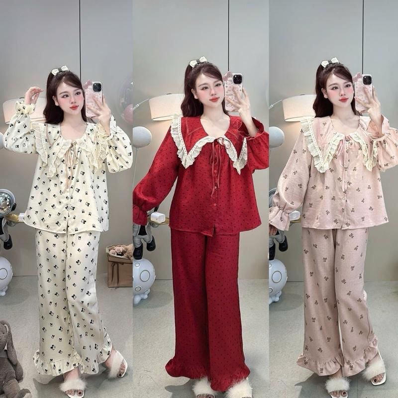 Sammy Bộ Mặc Nhà Cổ Sen Ren vạt nhọn chất liệu Vân mây hoạ tiết xinh xắn dễ thương cho Nữ DD88 Sammy