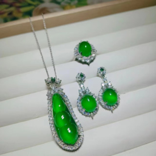 Băng Cao Chalcedony Bạc 925 Kẻ Sọc Full Kim Cương Bốn Mùa Đậu Đá Hạt Mã Não Xanh Đậu May Mắn Mặt Dây Chuyền Bông Tai Nhẫn Bộ Ba Mảnh Thời Trang Phù Hợp