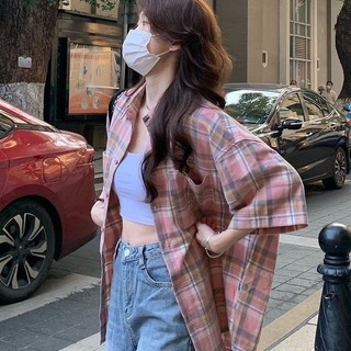 Áo Sơ Mi Kẻ Sọc Màu Hồng Nữ Mặc Ngoài Oversize Mới Rời Tay Ngắn Áo Sơ Mi Phong Cách Nhật Bản Retro Màu Sắc Tương Phản Hàng Đầu Mùa Hè
