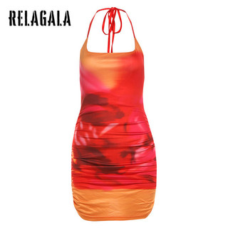 RelaGala Nữ Mới Thời Trang Màu Sắc Tương Phản Cổ Dây Xếp Ly Hông Quấn Đầm