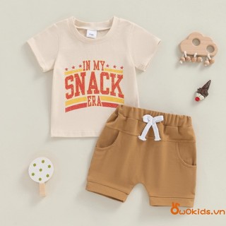Bộ quần Short bé trai ngắn tay in chữ có quần Short lưng co giãn Trang phục mùa hè