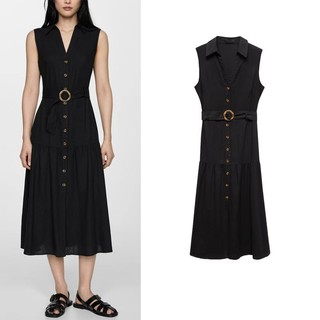 Zara Mùa Hè Phong Cách Mới Màu Đen Ve Áo Hình Chữ V Nẹp Mỏng Hơn Nhìn Không Tay Có Thắt Lưng Áo Sơ Mi Đầm67047112