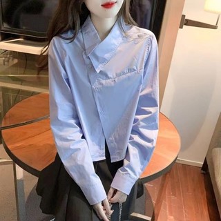 Áo Sơ Mi Màu Xanh Thu Đông Thiết Kế Cảm Giác Cao Cấp Áo Sơ Mi Dài Tay Áo Sơ Mi Nữ Thiết Kế Sense Niche Không Đều Top Mùa Thu