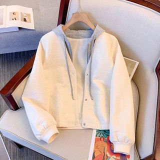 Năm nay Phổ Biến Giả Hai Mảnh Có Mũ Trùm Đầu Bóng Chày Đồng Phục Áo Khoác Nữ Mùa Xuân 2024 Mùa Thu Phong Cách Mới Thiết Kế Trắng Ngắn Top