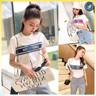 [A029] Áo len thun nữ Montoghi dệt kim Quảng Châu CỔ TRÒN cộc tay PHỐI CHỮ NGANG thanh lịch - L2M