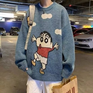 Áo len nam cổ tròn Xu hướng thời trang thu đông Tất cả các trận đấu Crayon Xiaoxin Cotton Dệt kim dáng rộng và nhàn rỗi Áo len cặp đôi phong cách Hồng Kông