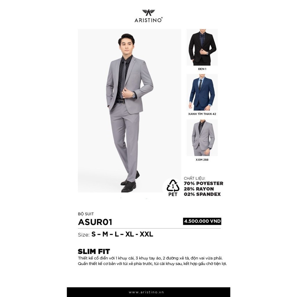 Bộ suit Aristino slimfit  ASUR01 dáng ôm chất vải polyester giữ dáng chống nhăn