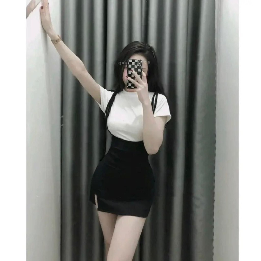 Sét đầm yếm cột dây vai xẻ hông kèm áo thun cổ tròn tay ngắn phom croptop mã n3