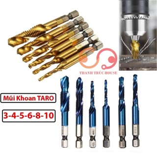  Bộ 6 mũi khoan taro tạo ren chuôi lục giác thép gió HSS cao cấp tạo ren M3-M10 mạ titan tạo ren inox doa âm mũ vít 