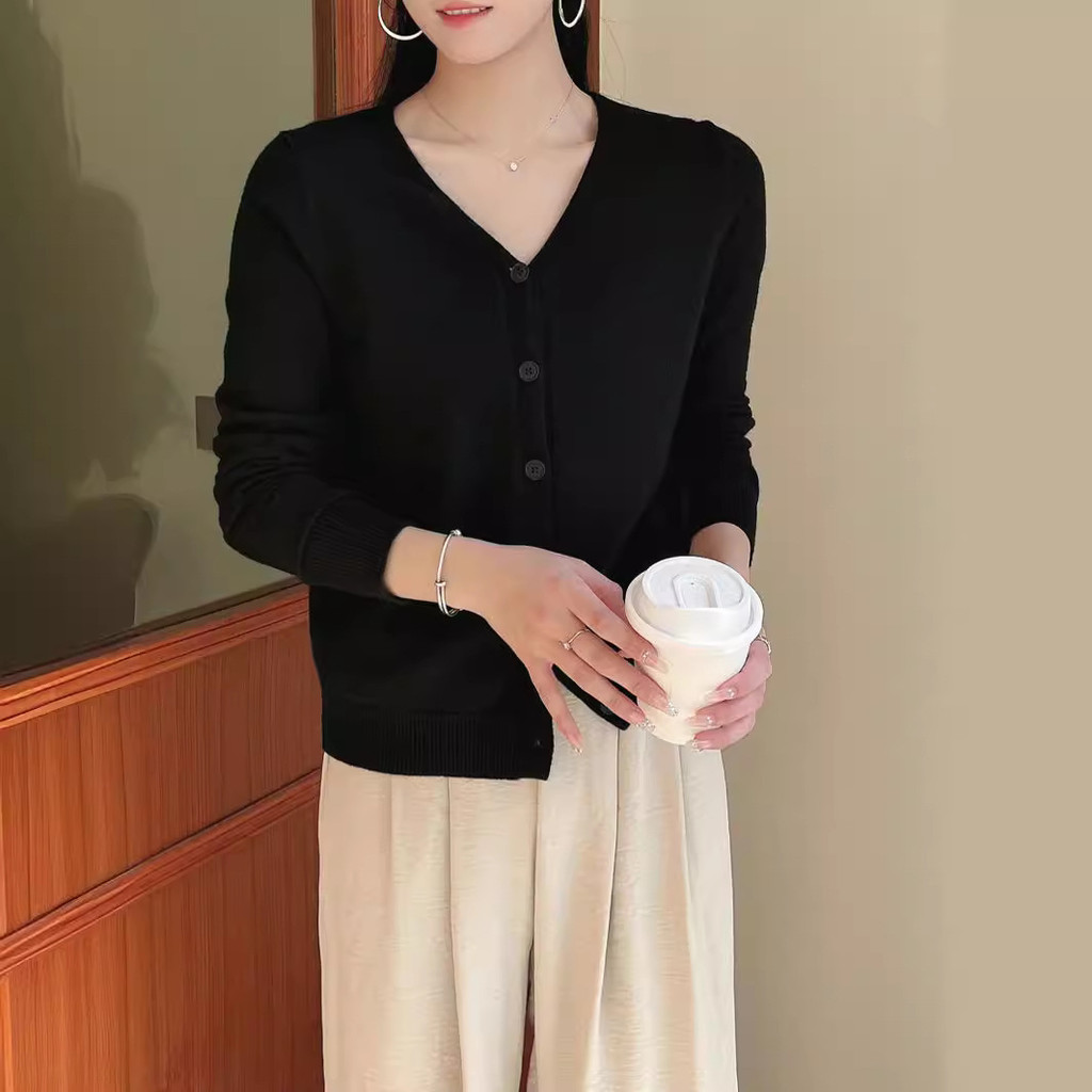 YAYUAN Dài tay đan cardigan nữ ngắn màu đen