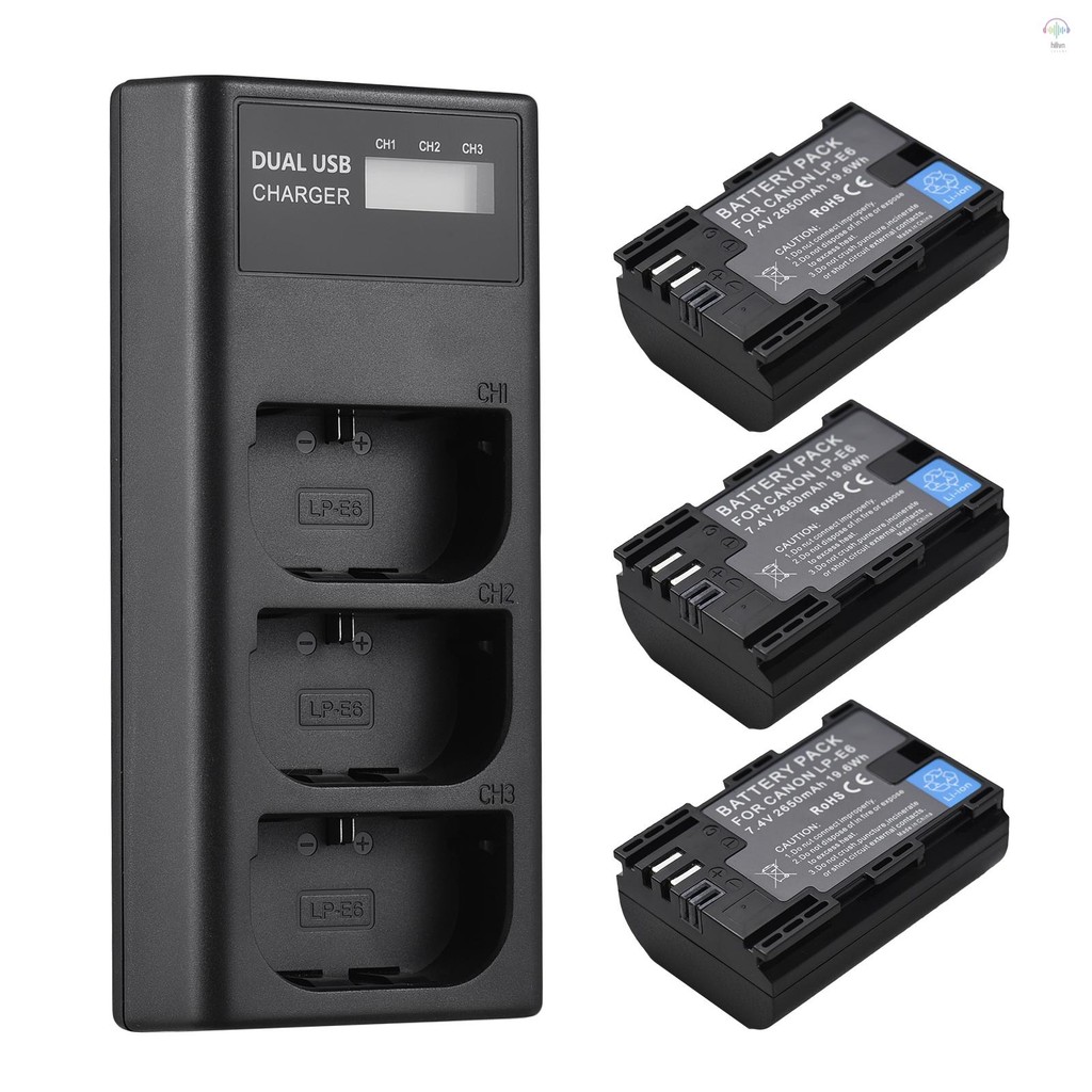 Bộ sạc pin LP-E6 Bộ sạc 3 khe có đèn báo LED Cổng Micro USB & Type C + 3 pin LP-E6 7.4V 2650mAh Tươn