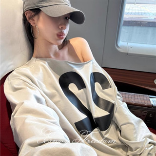 Áo hoodie in chữ cổ điển kiểu Mỹ sang trọng Hàn Quốc dành cho nữ quần áo đeo vai lười biếng