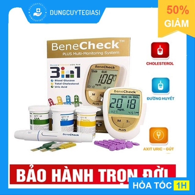 [Hỏa tốc-HCM] Máy Đo Đường Huyết 3 Trong 1 Benecheck Plus - Máy Đo Đường Huyết, Mỡ Máu, Axit Uric Trong Máu