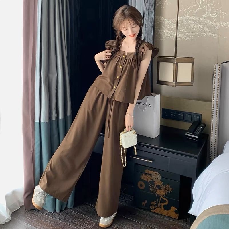 Bộ Đồ Dáng Nhỏ Áo Tay Bay Rộng Rãi Phong Cách Hàn Quốc Mùa Hè Nữ Quần Ống Rộng