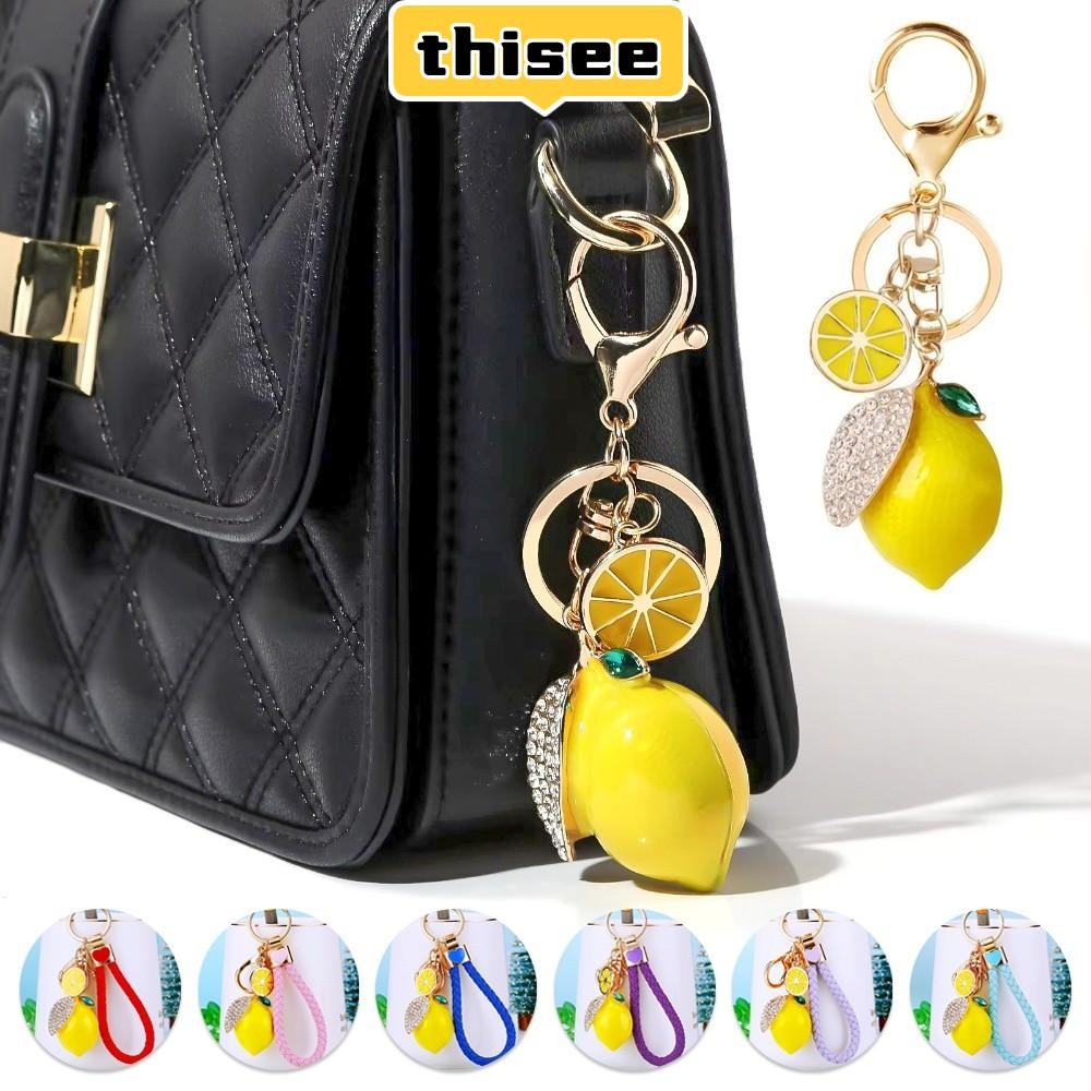 TRANG CHỦ ​​Nhẫn chìa khóa kim cương giả​​, ​​Hợp kim bền​​ Đá lấp lánh​​ Móc khóa chanh​​, Màu vàng