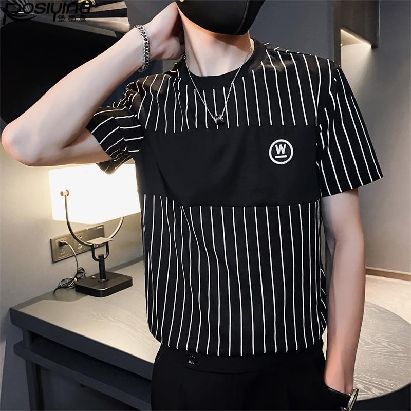 Áo thun nam sọc dọc Quần áo nam cao cấp tay ngắn Quần áo nam cao cấp 2022 mặc dạo phố Quần áo nửa ta