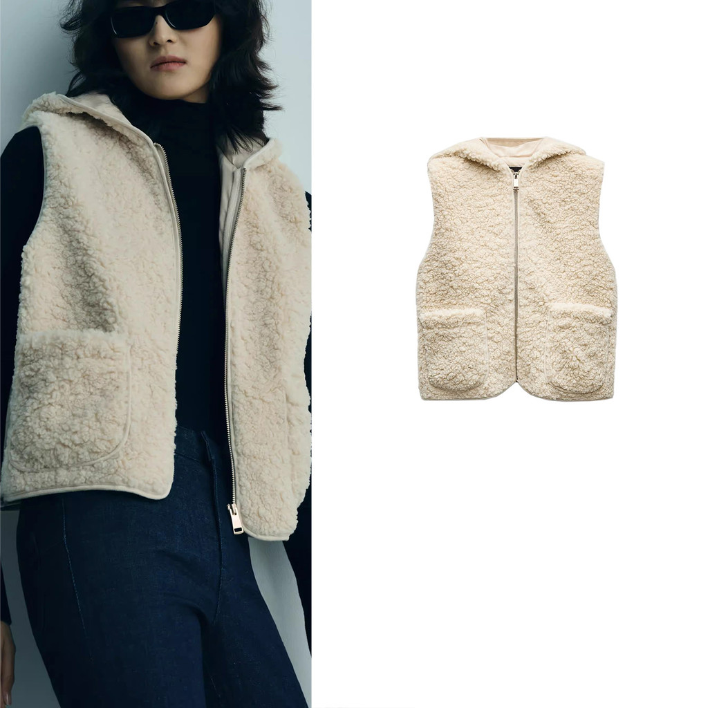 ZARA Áo Vest Không Tay có Mũ Trùm Đầu Lông Cừu