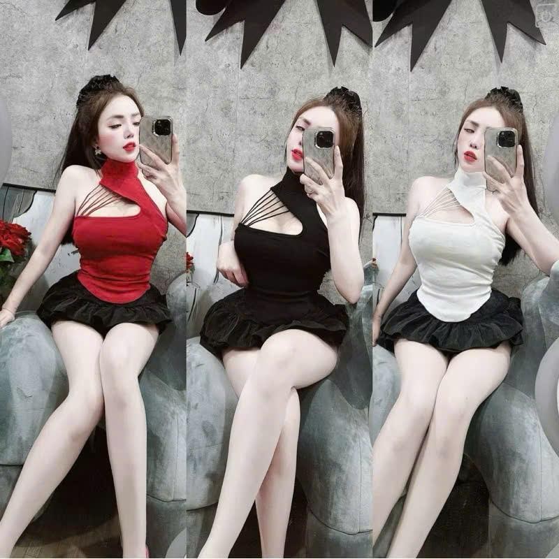 Set áo yếm cổ cao chéo dây kèm chân váy vải voan tơ - thun Ladong