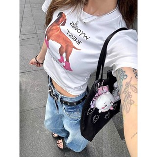 Áo thun ngắn tay in hình chó con trắng phong cách Mỹ dành cho nữ mùa hè Slim Fit Giảm béo ngọt ngào và cay cho bé gái ngắn bó sát hàng đầu