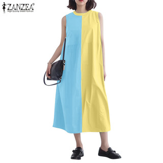 Zanzea Váy thời trang không tay chắp vá cổ tròn thông thường Hàn Quốc dành cho nữ