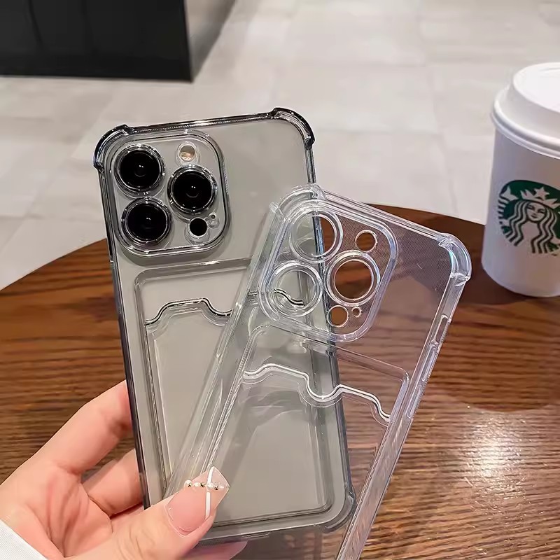 Ốp Điện Thoại Đựng Thẻ Cho iPhone 11 12 13 14 15 16 Pro Max 16e X XR XS 7 8 Plus SE2 2020 Trong Suốt Ví Chống Sốc Silicon