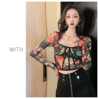 Áo kiểu tay dài cổ vuông dáng ôm hoạ tiết hoa xinh xắn thiết kế mới thời trang