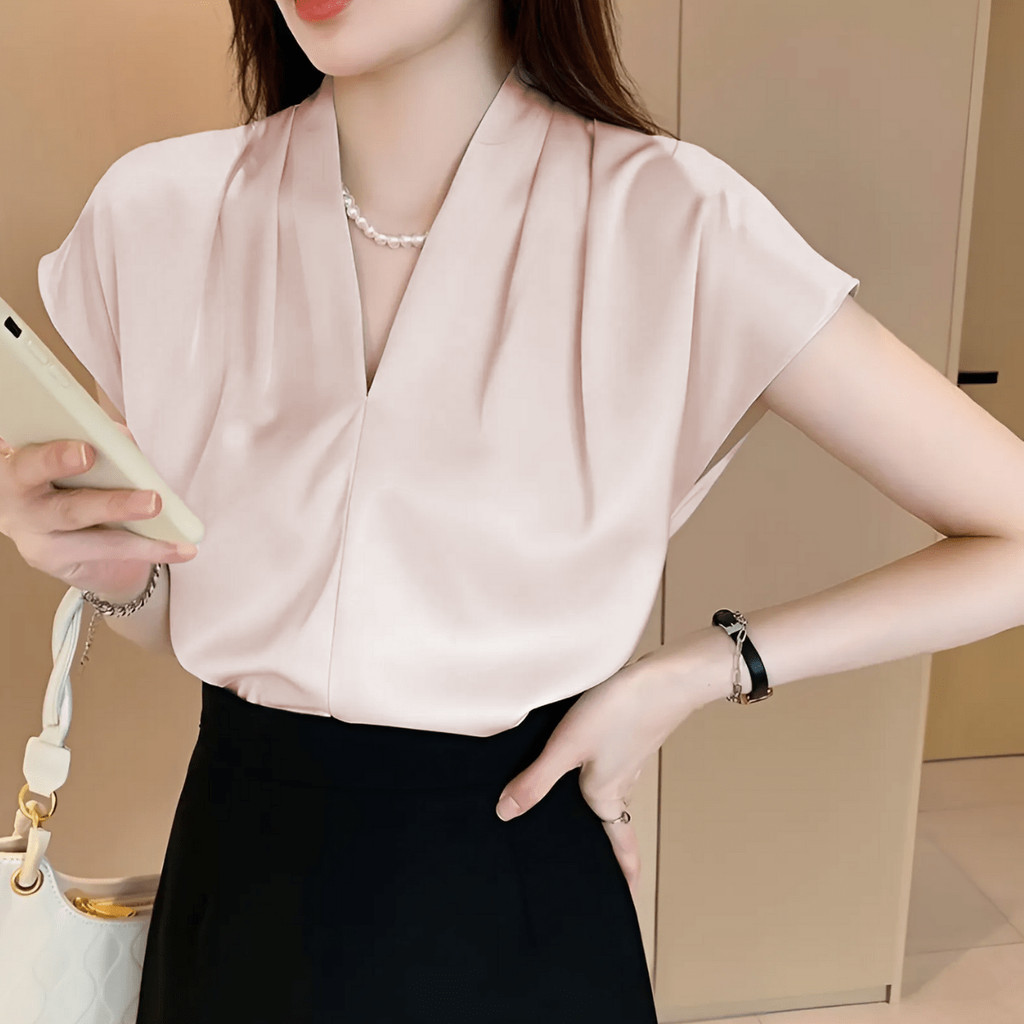 Áo sơ mi nữ công sở Mely Fashion cộc tay hến cổ V dáng rộng chất lụa ngọc trai cao cấp mềm mát phong cách Hàn Quốc ASM36 | BigBuy360 - bigbuy360.vn