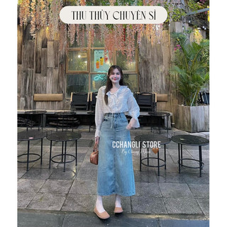 Xả lỗ chân váy bò jean dáng dài phối túi xẻ sau