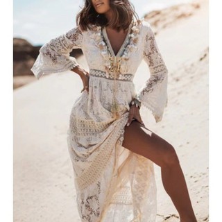Váy nghỉ mát ren khâu giản dị đi biển Bohemian váy dài phong cách retro Âu Mỹ cổ điển Tua Rua Nữ